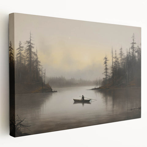 Vintage Boat in Foggy Lake Landscape Art - Tranquil Forest Scene