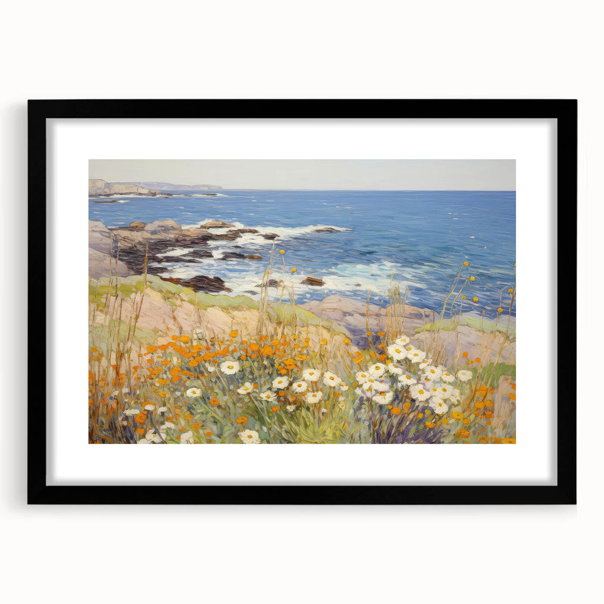 Vintage Landscape Art – Coastal Scene with Flowers and Ocean View