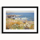Vintage Landscape Art – Coastal Scene with Flowers and Ocean View