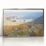 Vintage Landscape Art – Coastal Scene with Flowers and Ocean View