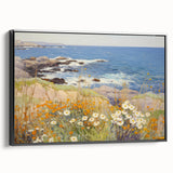 Vintage Landscape Art – Coastal Scene with Flowers and Ocean View