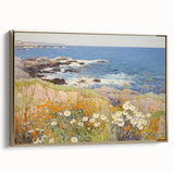 Vintage Landscape Art – Coastal Scene with Flowers and Ocean View