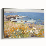 Vintage Landscape Art – Coastal Scene with Flowers and Ocean View