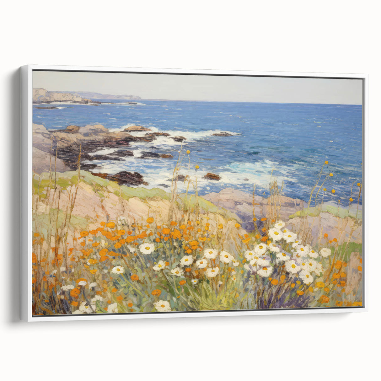 Vintage Landscape Art – Coastal Scene with Flowers and Ocean View