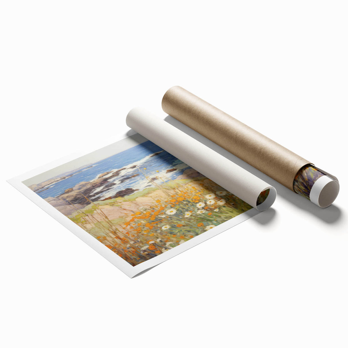 Vintage Landscape Art – Coastal Scene with Flowers and Ocean View