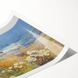 Vintage Landscape Art – Coastal Scene with Flowers and Ocean View