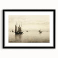 Vintage Landscape Art – Sailboats on Serene Sea in Antique Tones
