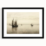 Vintage Landscape Art – Sailboats on Serene Sea in Antique Tones