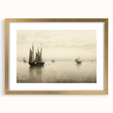 Vintage Landscape Art – Sailboats on Serene Sea in Antique Tones