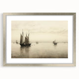 Vintage Landscape Art – Sailboats on Serene Sea in Antique Tones