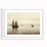Vintage Landscape Art – Sailboats on Serene Sea in Antique Tones