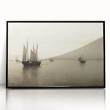 Vintage Landscape Art – Sailboats on Serene Sea in Antique Tones