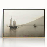 Vintage Landscape Art – Sailboats on Serene Sea in Antique Tones