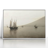 Vintage Landscape Art – Sailboats on Serene Sea in Antique Tones