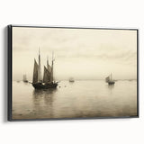 Vintage Landscape Art – Sailboats on Serene Sea in Antique Tones