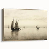 Vintage Landscape Art – Sailboats on Serene Sea in Antique Tones