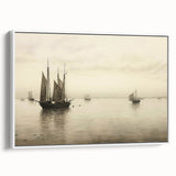 Vintage Landscape Art – Sailboats on Serene Sea in Antique Tones