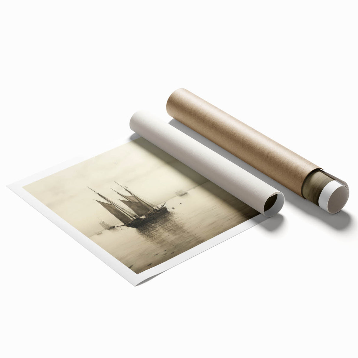 Vintage Landscape Art – Sailboats on Serene Sea in Antique Tones