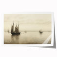 Vintage Landscape Art – Sailboats on Serene Sea in Antique Tones