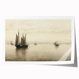 Vintage Landscape Art – Sailboats on Serene Sea in Antique Tones