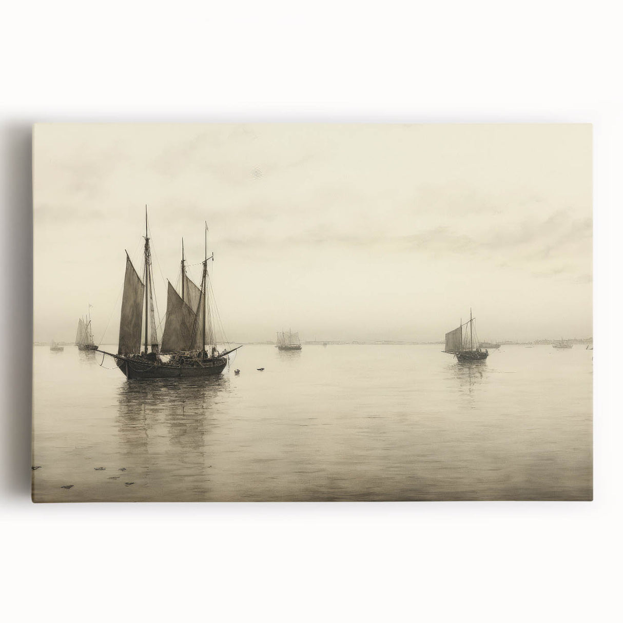 Vintage Landscape Art – Sailboats on Serene Sea in Antique Tones