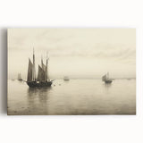 Vintage Landscape Art – Sailboats on Serene Sea in Antique Tones