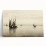 Vintage Landscape Art – Sailboats on Serene Sea in Antique Tones