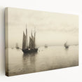 Vintage Landscape Art – Sailboats on Serene Sea in Antique Tones
