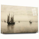 Vintage Landscape Art – Sailboats on Serene Sea in Antique Tones