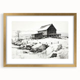 Vintage Landscape Art – Snowy Barn in Winter – Antique Rural Scene Wall Art