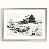 Vintage Landscape Art – Snowy Barn in Winter – Antique Rural Scene Wall Art