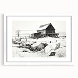 Vintage Landscape Art – Snowy Barn in Winter – Antique Rural Scene Wall Art