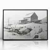 Vintage Landscape Art – Snowy Barn in Winter – Antique Rural Scene Wall Art