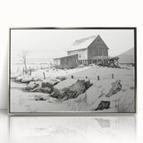 Vintage Landscape Art – Snowy Barn in Winter – Antique Rural Scene Wall Art