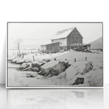 Vintage Landscape Art – Snowy Barn in Winter – Antique Rural Scene Wall Art