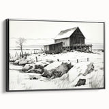 Vintage Landscape Art – Snowy Barn in Winter – Antique Rural Scene Wall Art
