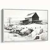 Vintage Landscape Art – Snowy Barn in Winter – Antique Rural Scene Wall Art