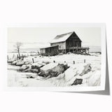 Vintage Landscape Art – Snowy Barn in Winter – Antique Rural Scene Wall Art