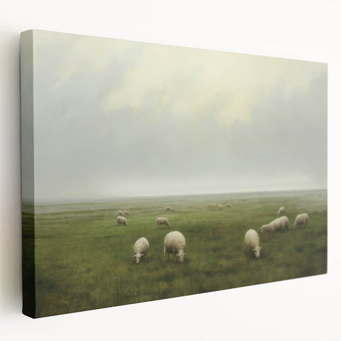 Vintage Landscape Art – Sheep Grazing in Serene Green Countryside