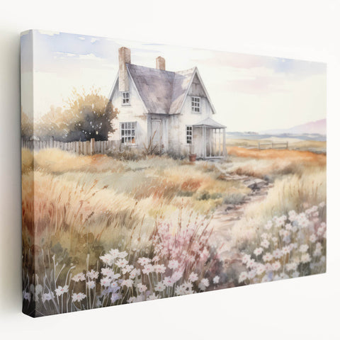Vintage Landscape Art – Rustic House with Flowers and Warm Tones
