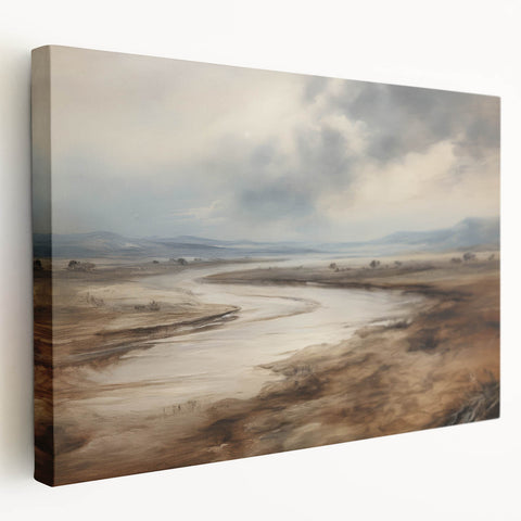 Vintage Landscape Art – Winding River in Warm Brown and Beige Tones