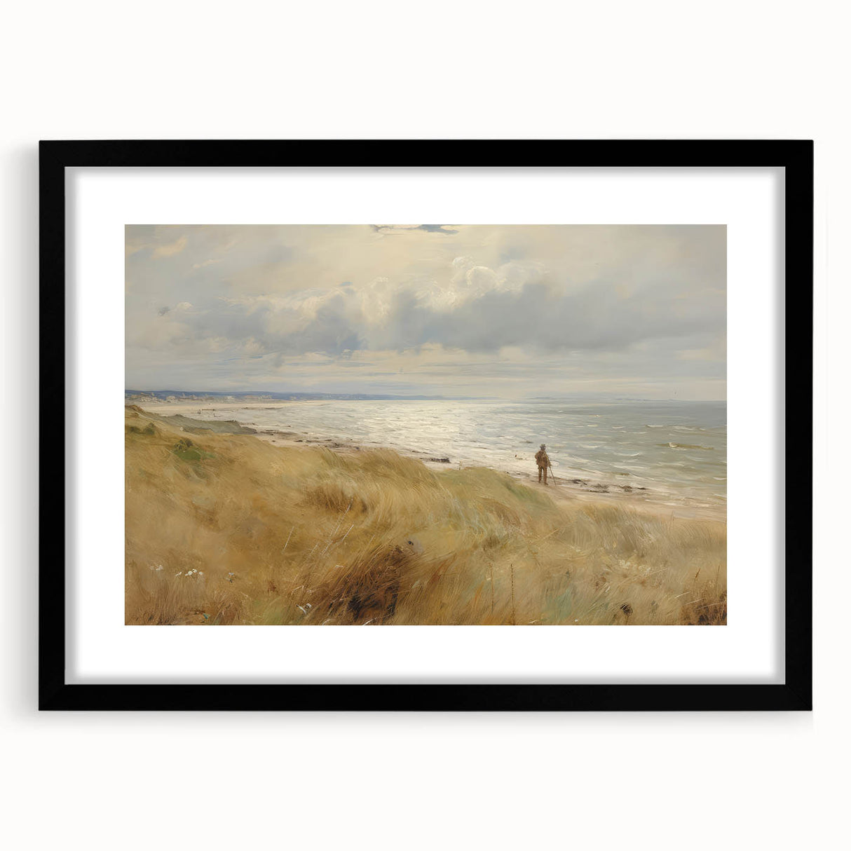 Vintage Landscape Art – Coastal Beach Scene with Walker – Antique Seaside Wall Art