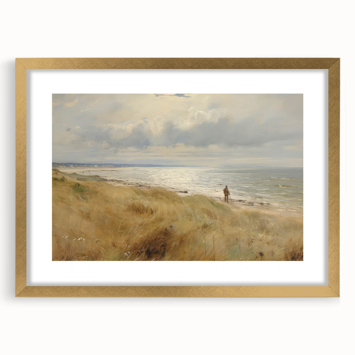 Vintage Landscape Art – Coastal Beach Scene with Walker – Antique Seaside Wall Art