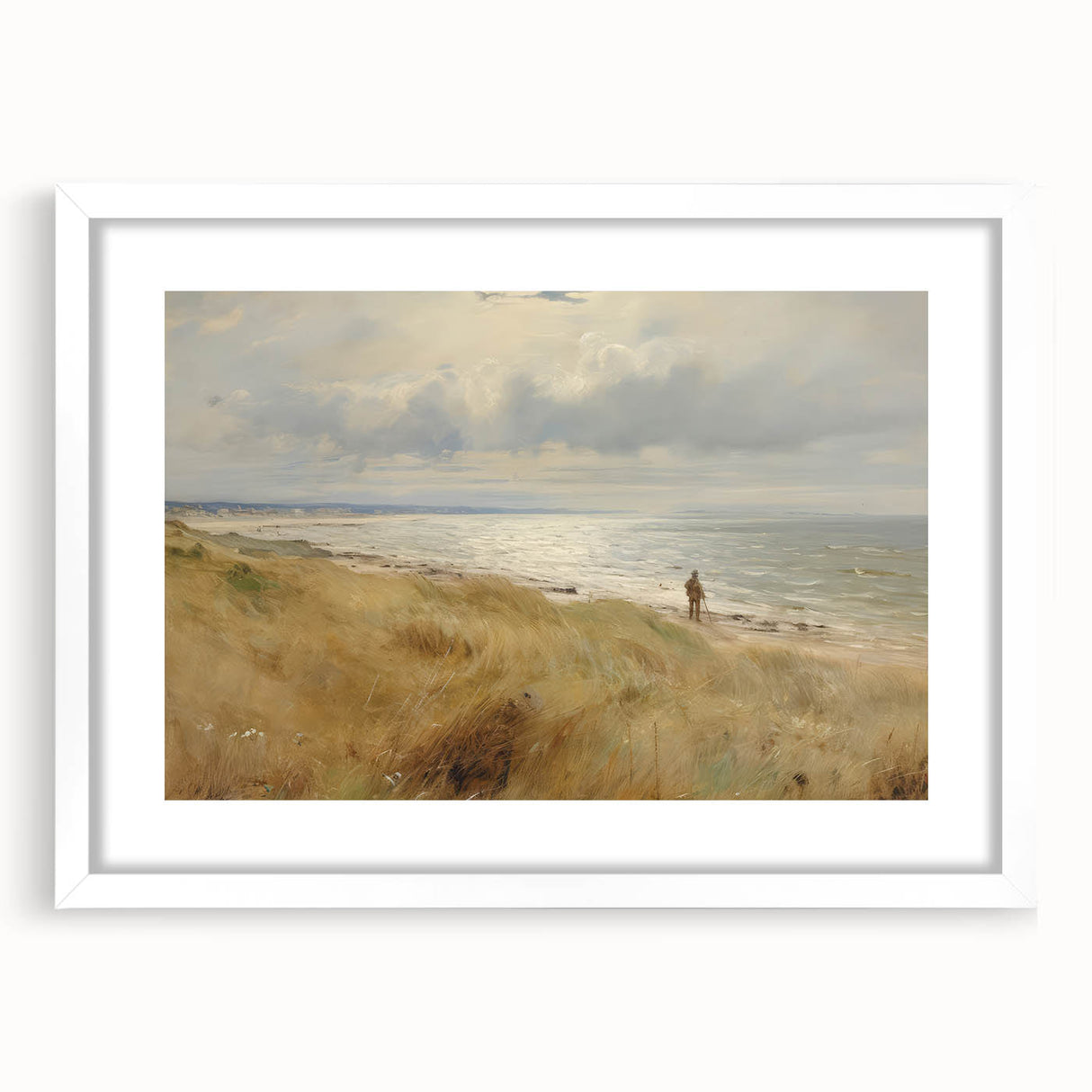 Vintage Landscape Art – Coastal Beach Scene with Walker – Antique Seaside Wall Art