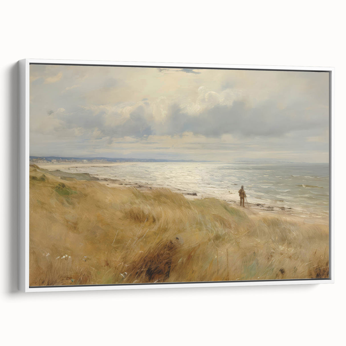 Vintage Landscape Art – Coastal Beach Scene with Walker – Antique Seaside Wall Art