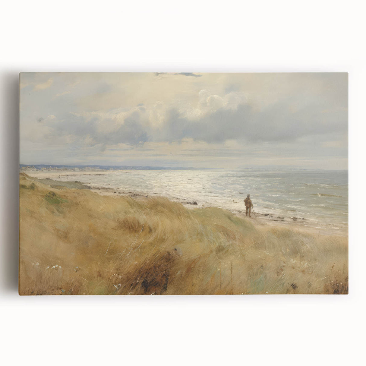 Vintage Landscape Art – Coastal Beach Scene with Walker – Antique Seaside Wall Art