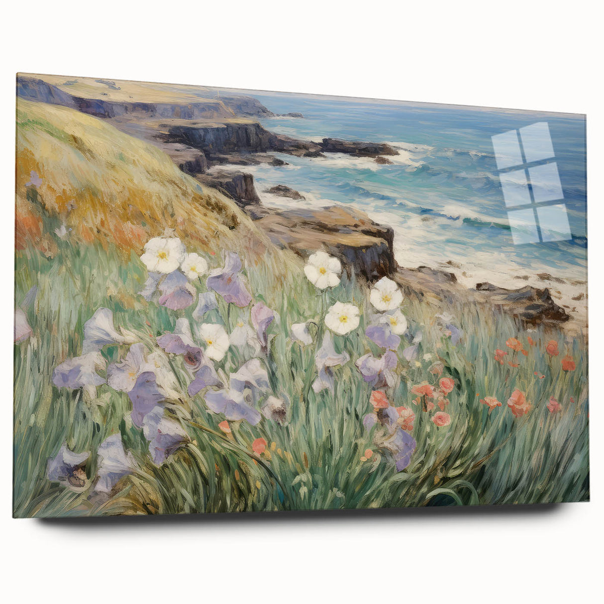Vintage Landscape Art – Coastal Cliff with Wildflowers – Antique Seaside Wall Art