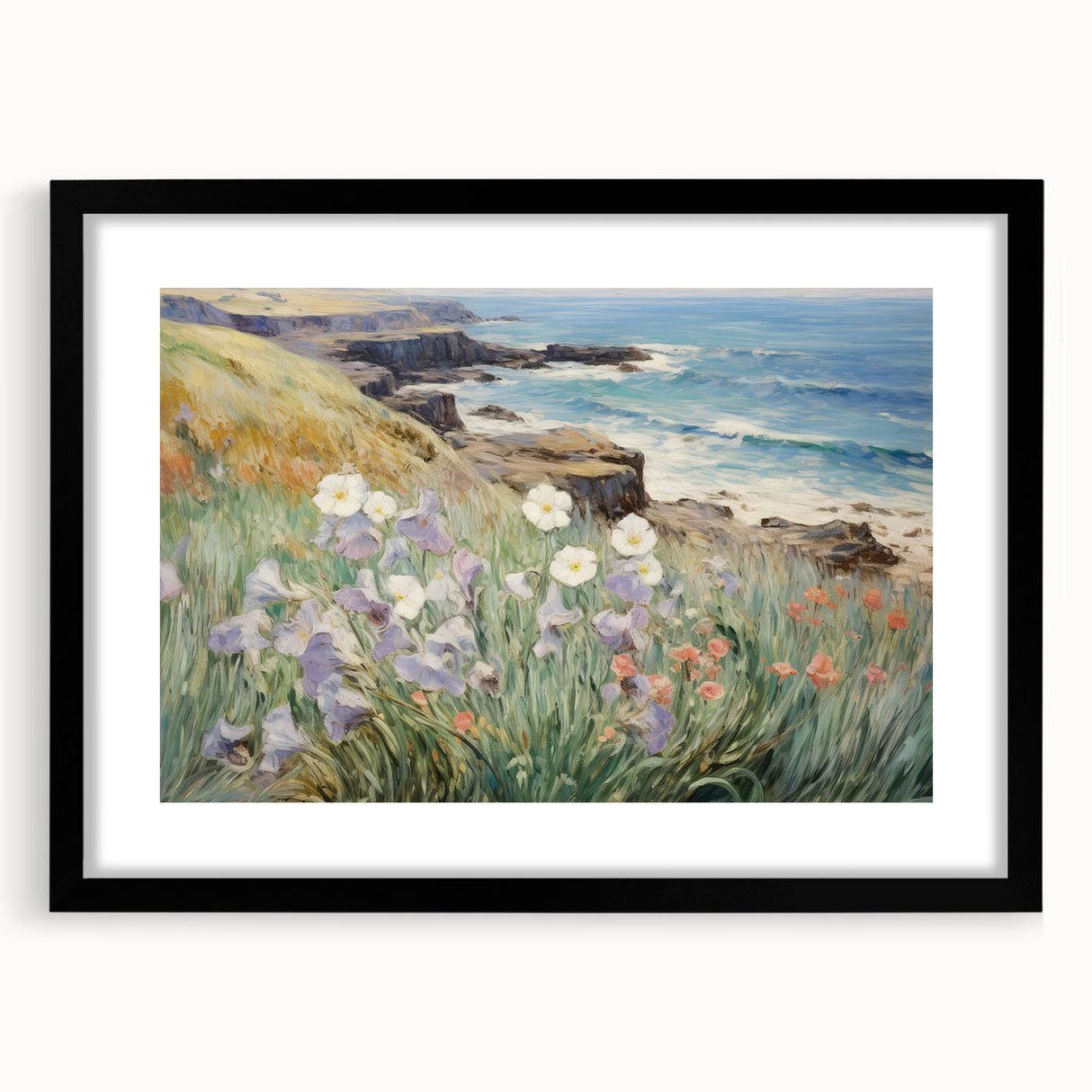 Vintage Landscape Art – Coastal Cliff with Wildflowers – Antique Seaside Wall Art
