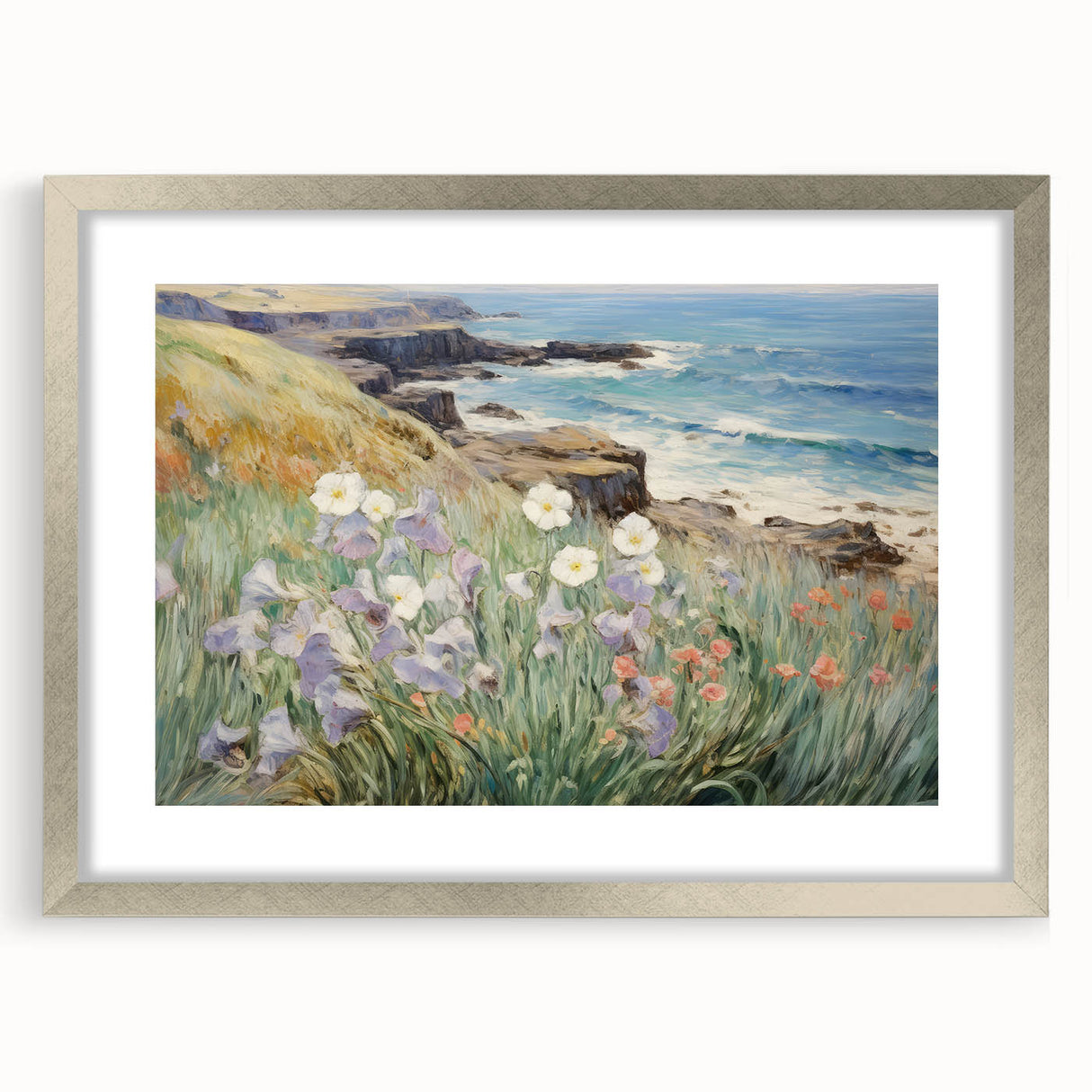 Vintage Landscape Art – Coastal Cliff with Wildflowers – Antique Seaside Wall Art