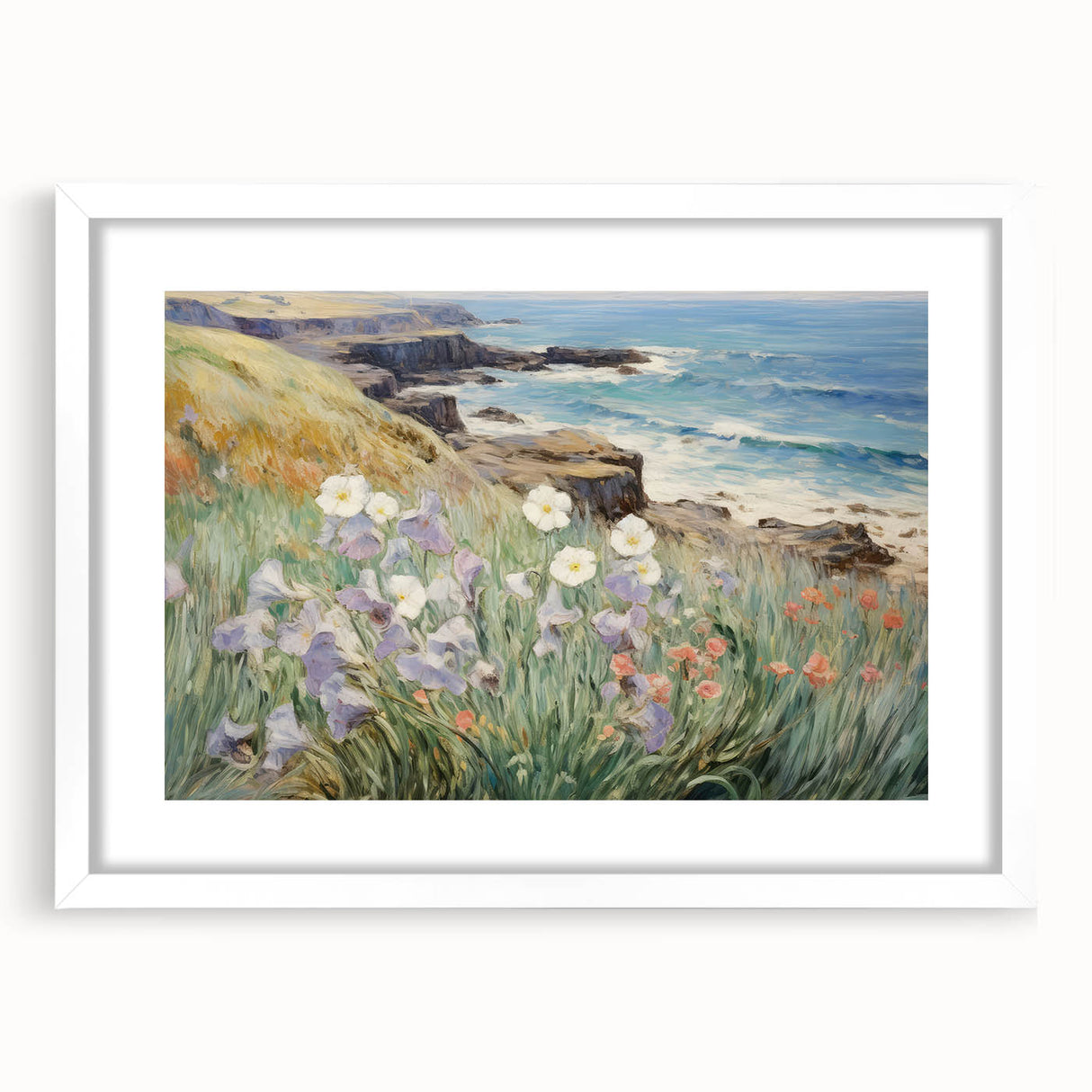 Vintage Landscape Art – Coastal Cliff with Wildflowers – Antique Seaside Wall Art